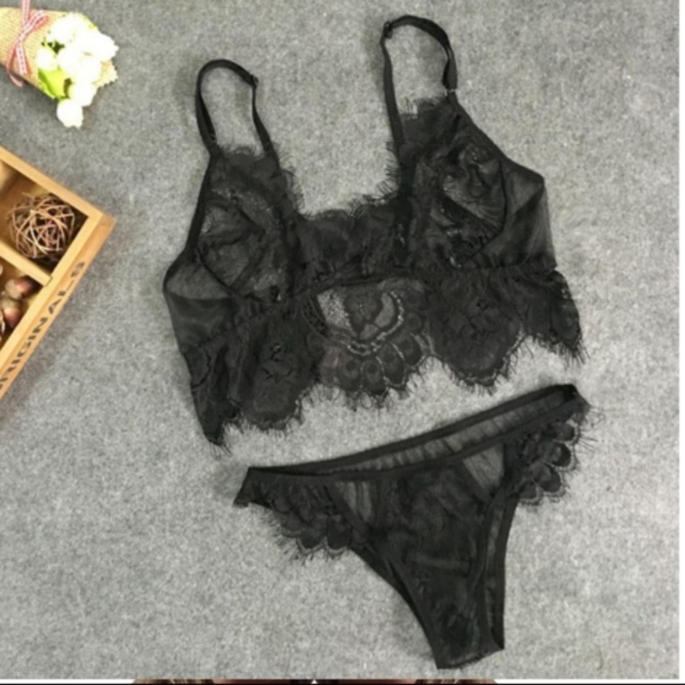 Eyelash Lace Push up Bra and Underwear Set, Black - Picture 3 of 8